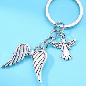 Angel and Wings Charm Keychain Silver Plated